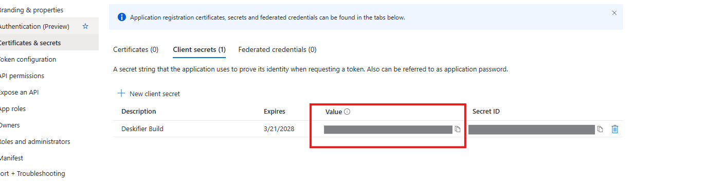 Client secret value
