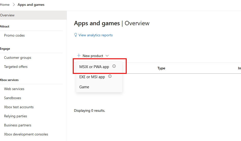 Select MSIX or PWA product type