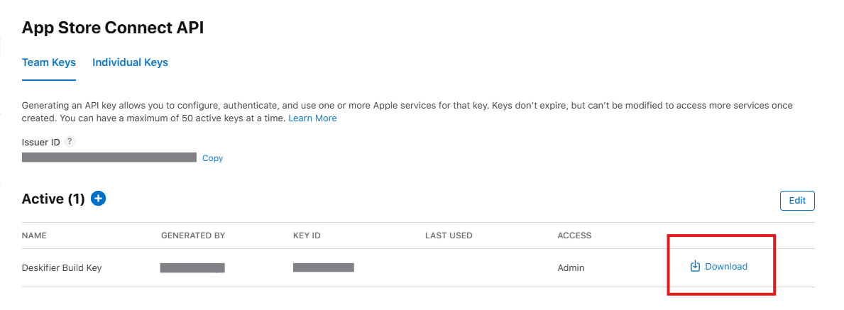 Issuer ID and Key ID in App Store Connect