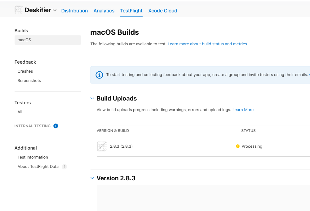 Uploaded build in App Store Connect