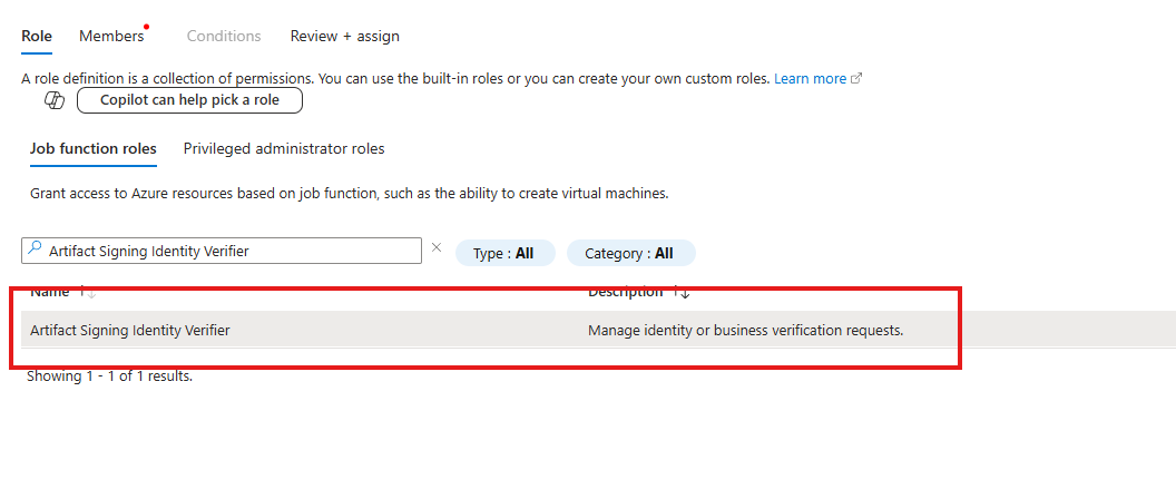 Artifact Signing Identity Verifier role