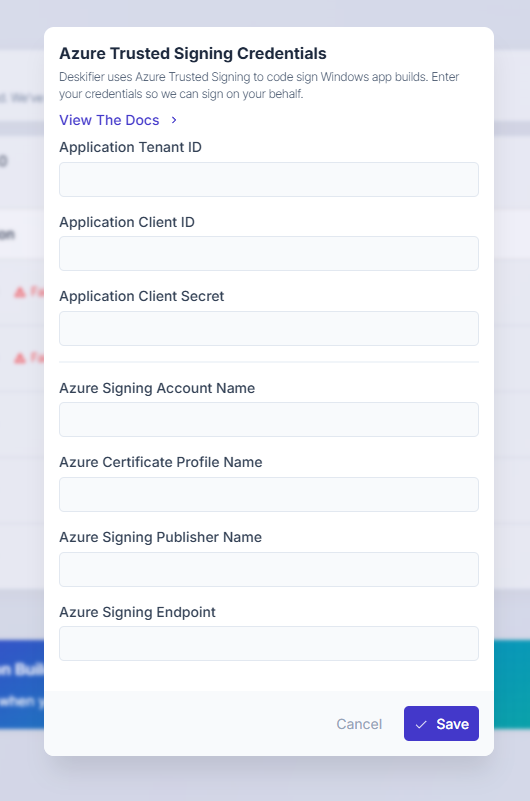 Azure signing dashboard fields