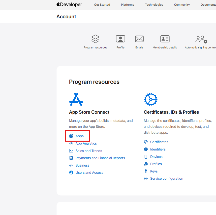 Apps tab in the Apple developer portal
