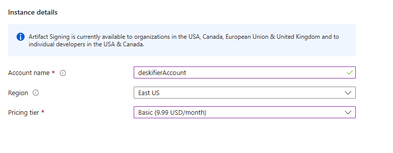 Select signing account name
