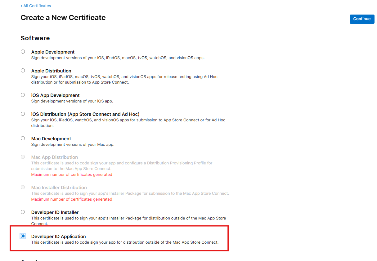 Developer ID Application selected