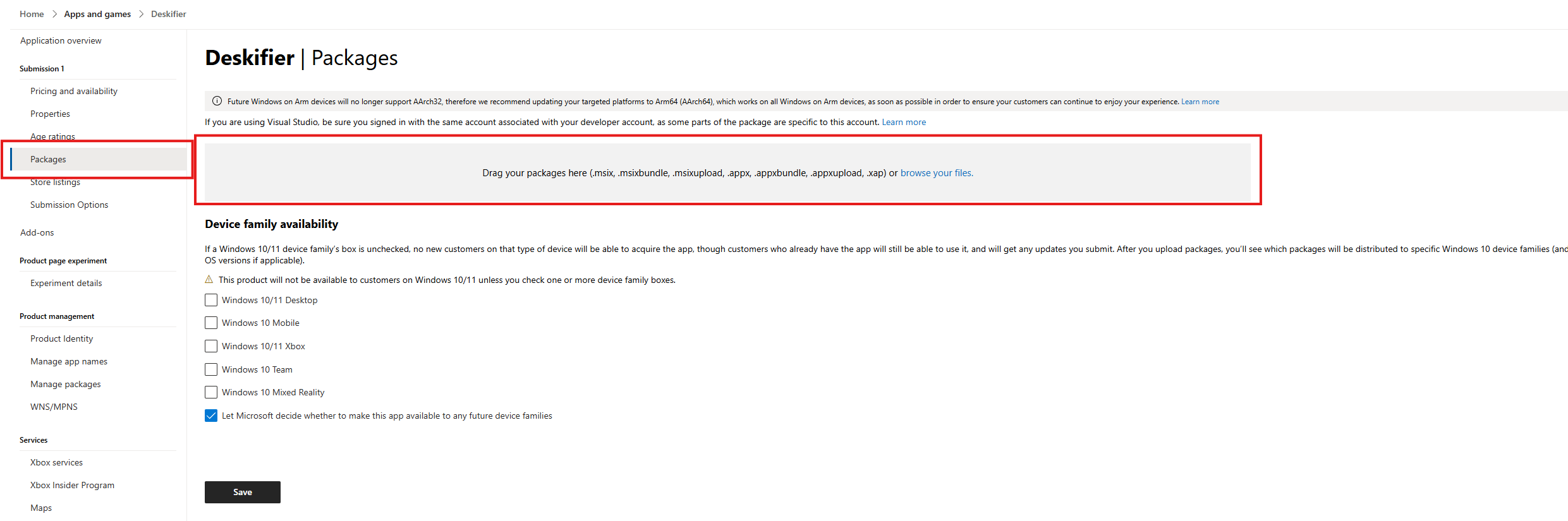 Upload appx package