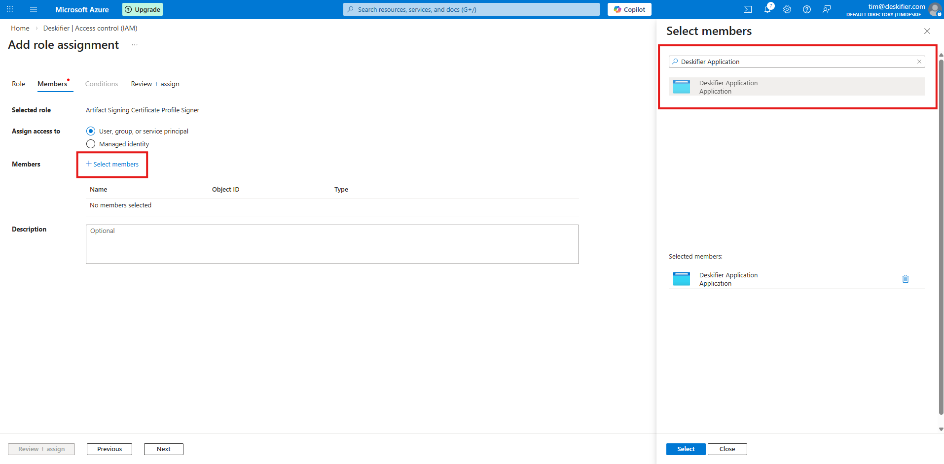 Assign role to application