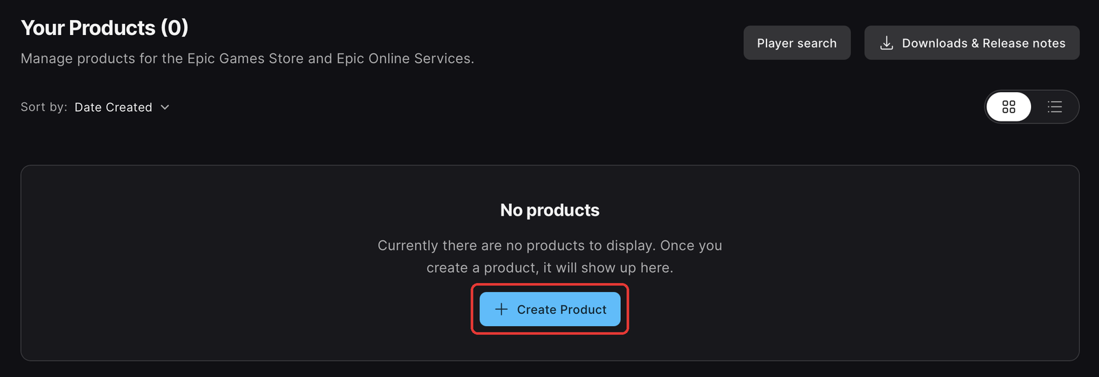The Create Product button on the Developer Portal dashboard