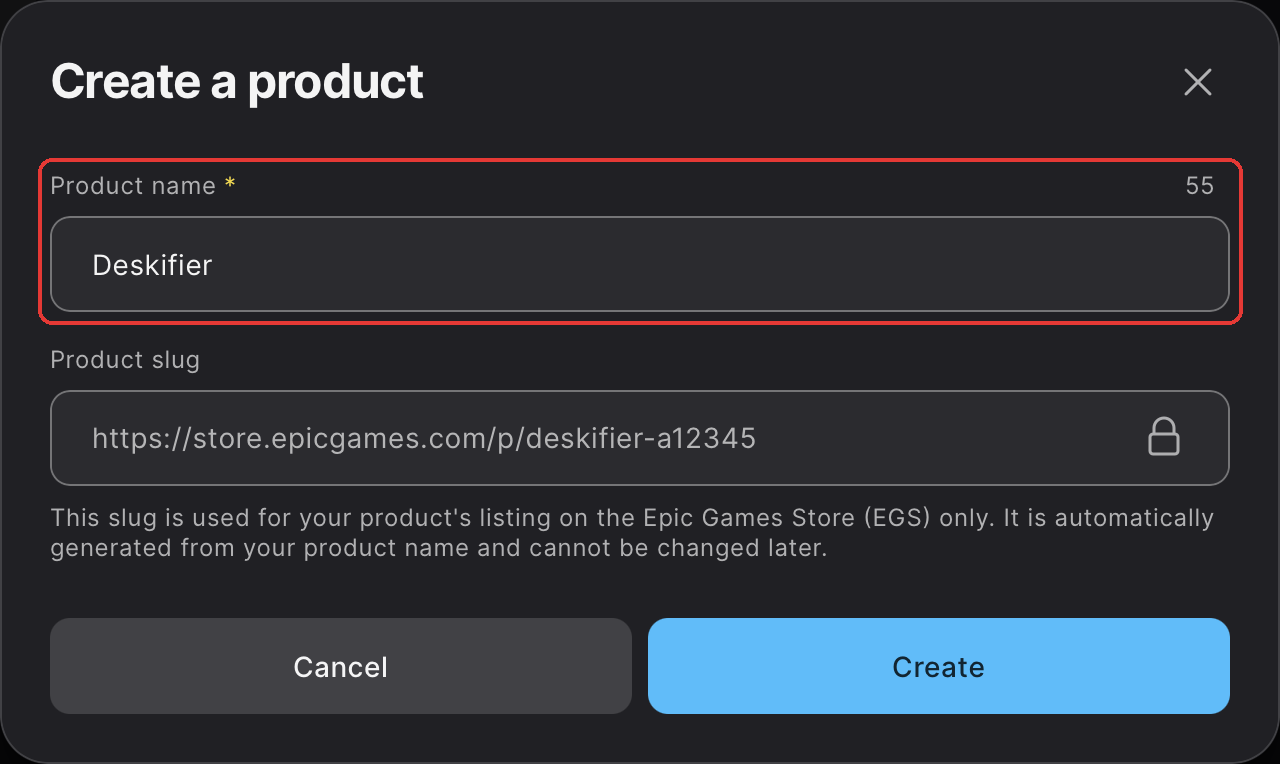 The Create a product dialog