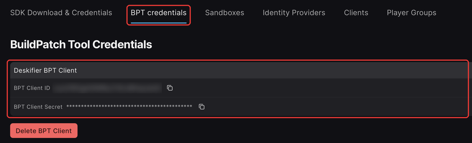 The BPT credentials tab