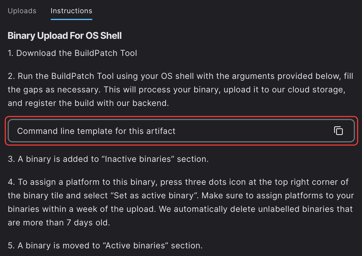 The Instructions tab, with the command line template