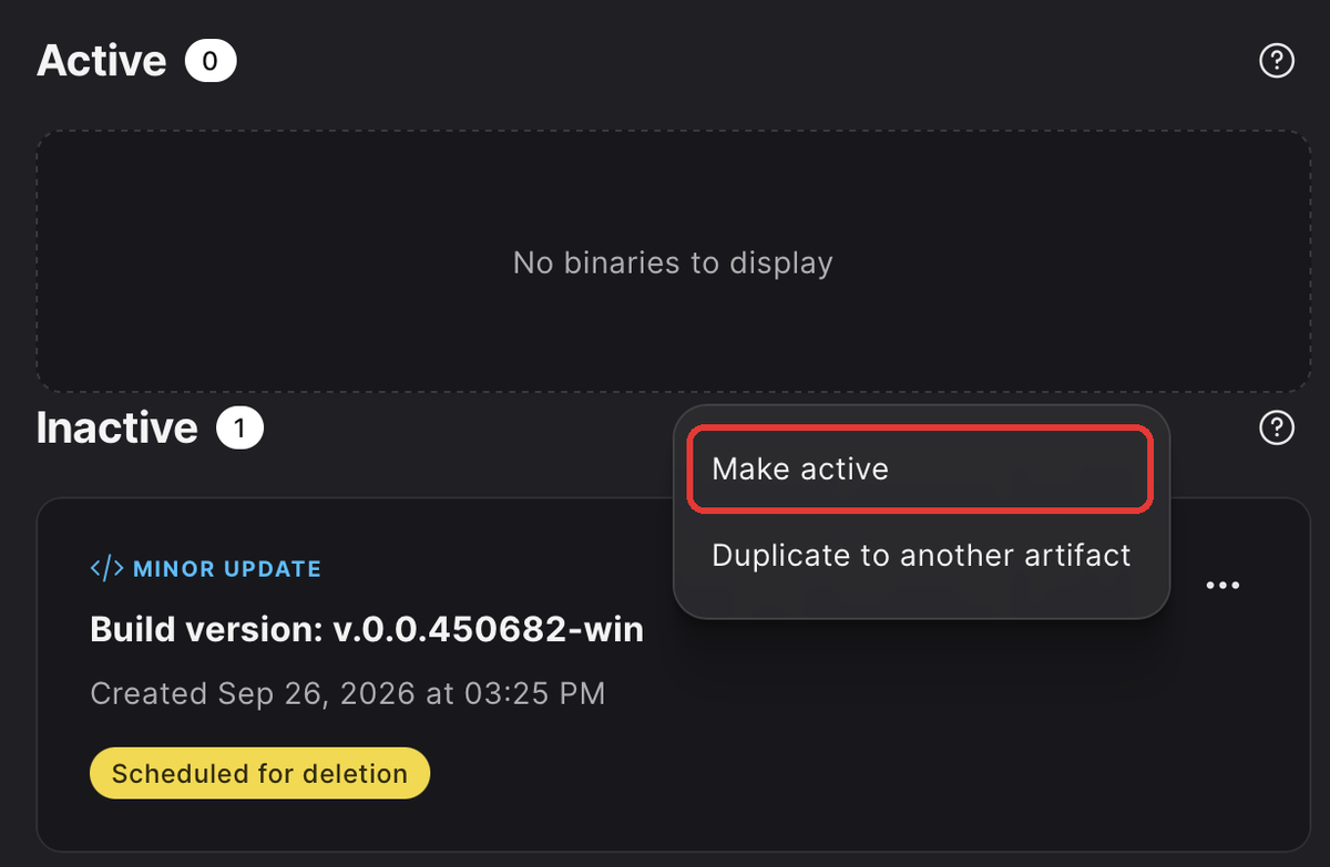 The menu, with Make active