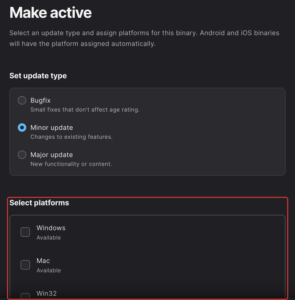 The Make active dialog, with its platforms