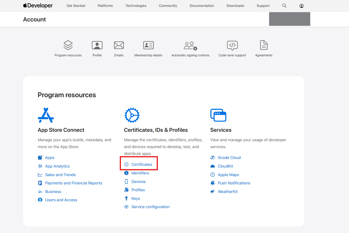 Certificates tab in the Apple developer portal