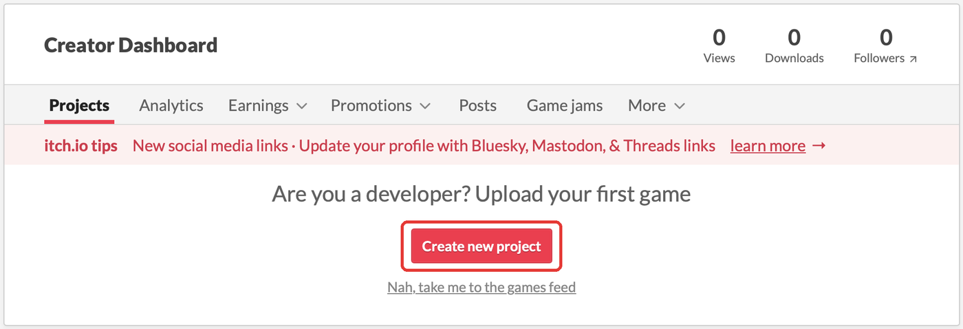 The Creator Dashboard, with Create new project