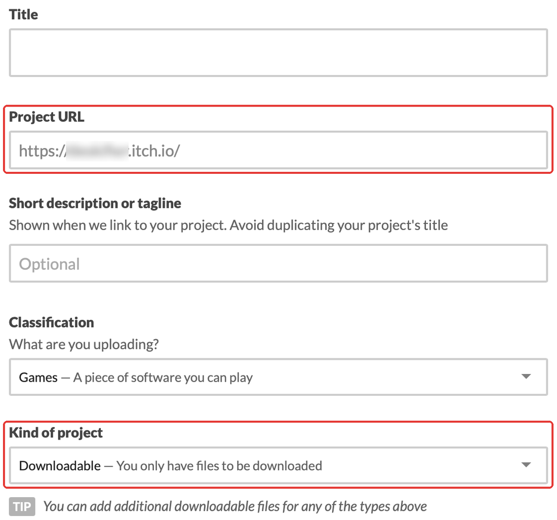 itch's new project form, with Project URL and Kind of project