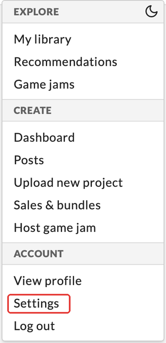 itch's account menu, with Settings