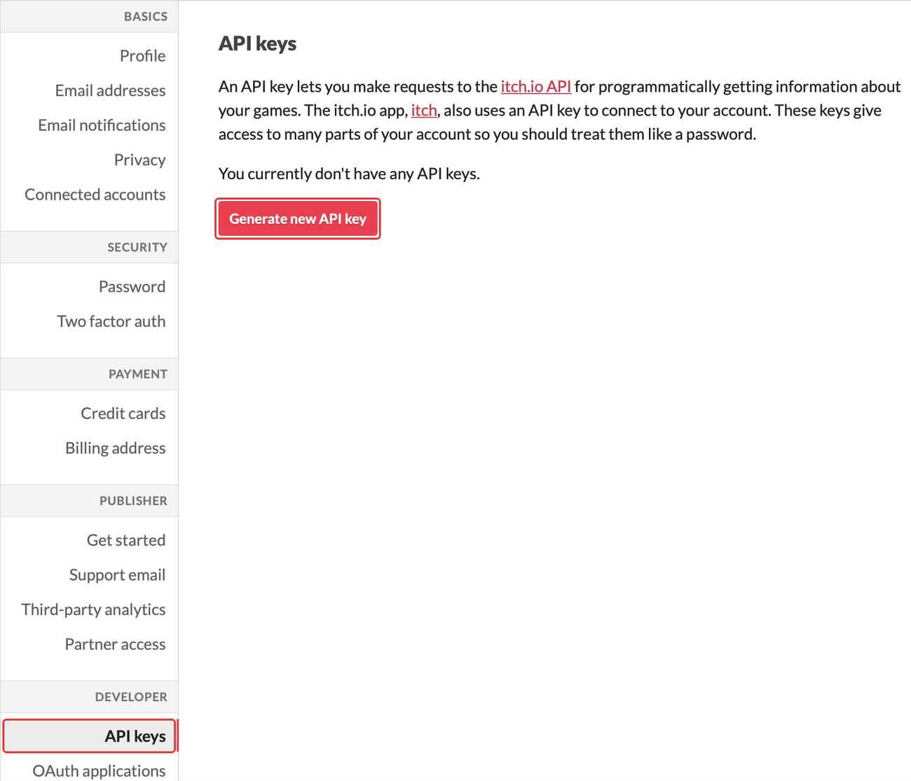 API keys settings, with Generate new API key