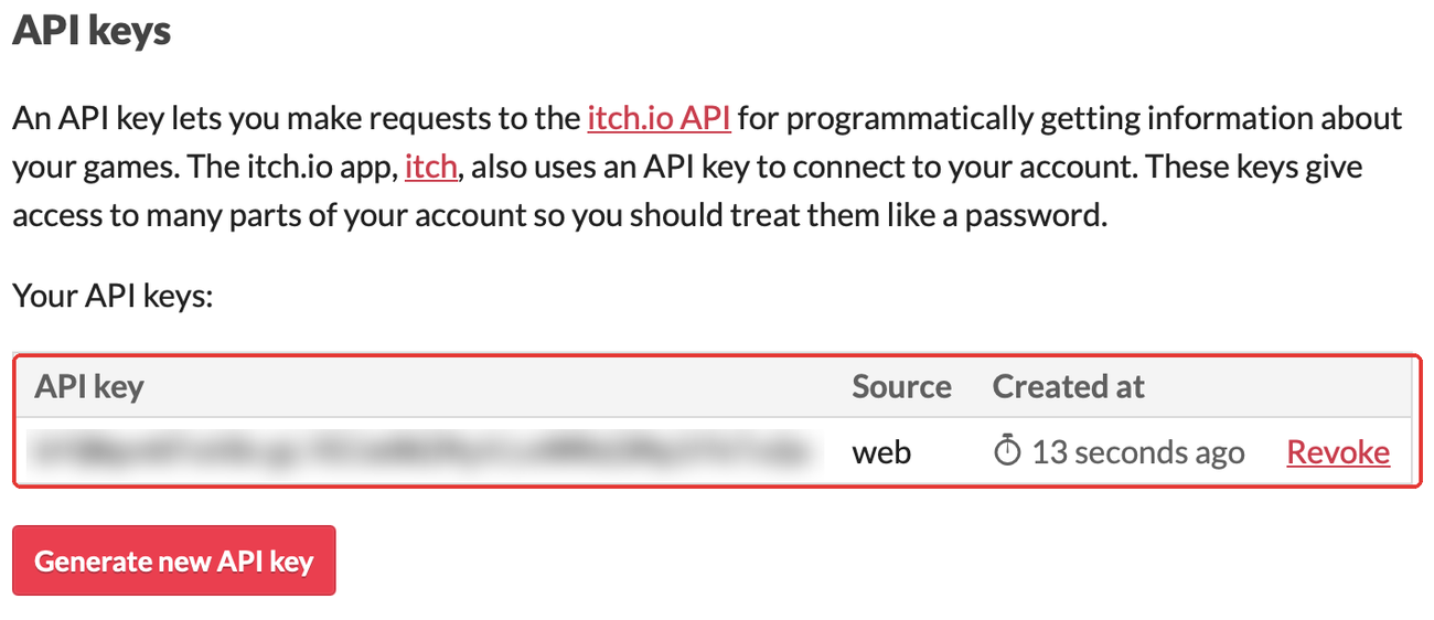 The API keys list, with a new key