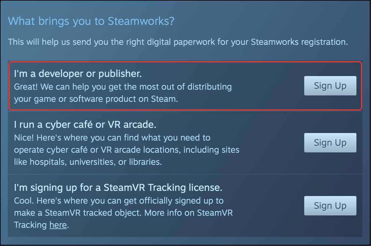 Steamworks sign-up, with I'm a developer or publisher highlighted