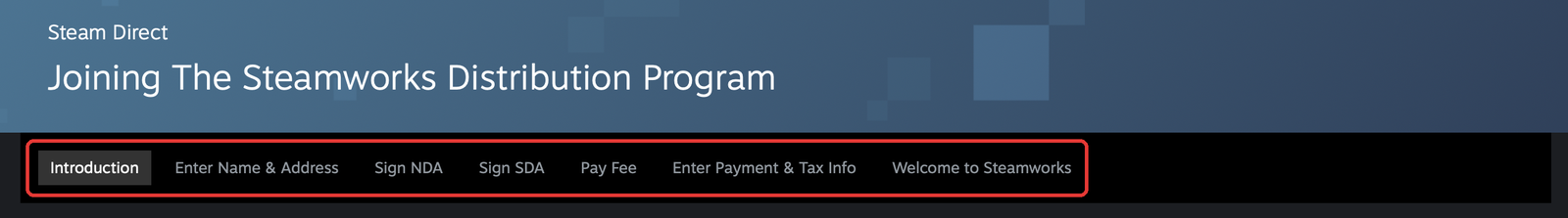 Valve's Steamworks onboarding, with its stages