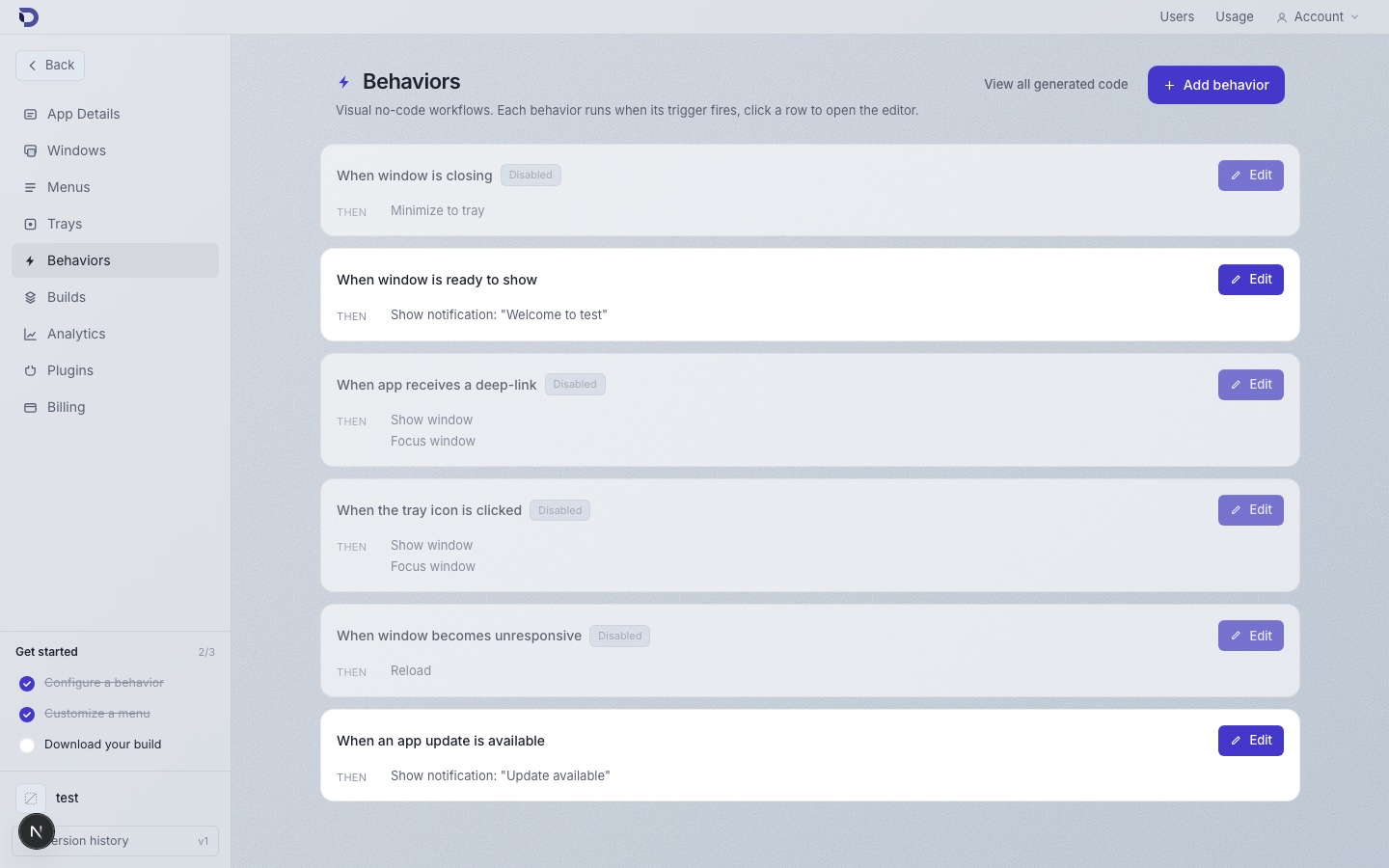 Behaviors page with a deep-link rule