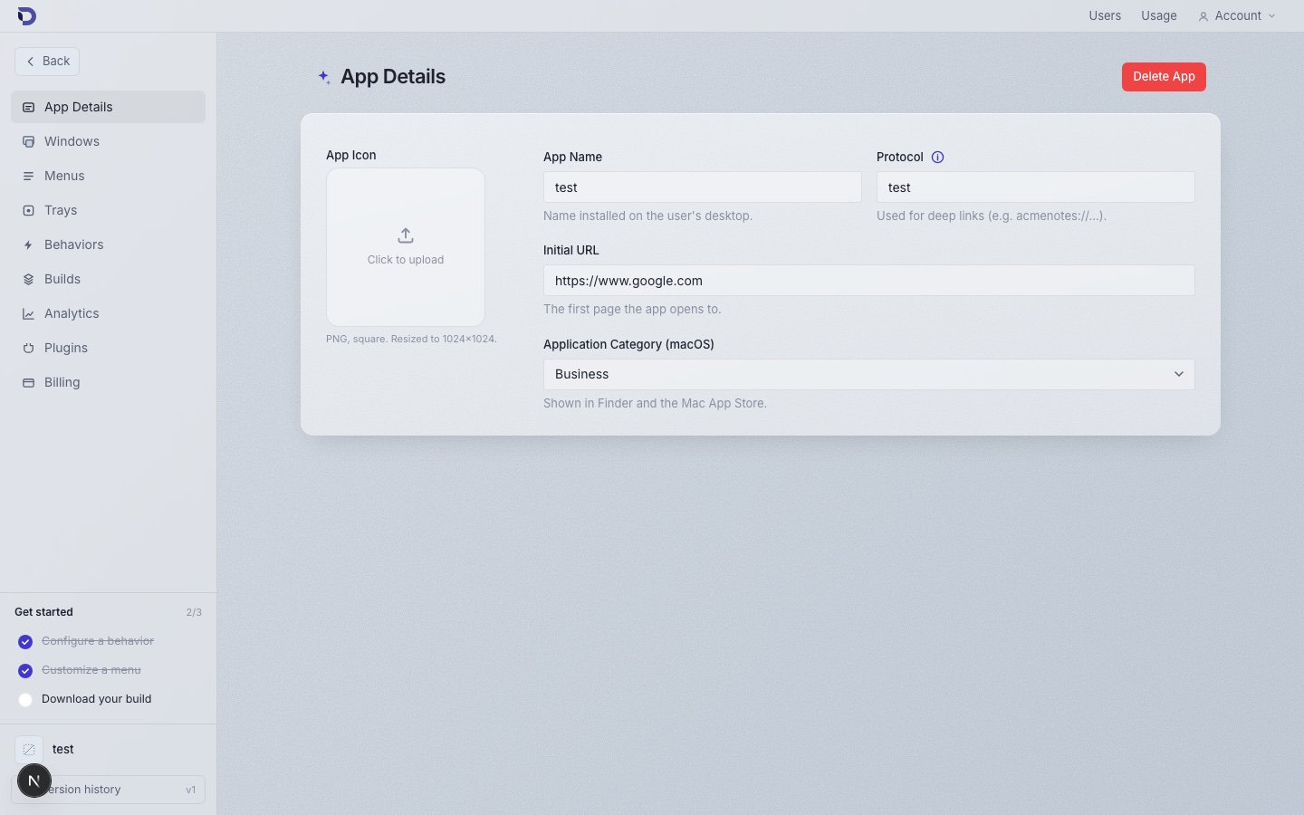 The App Details page showing the app's custom protocol